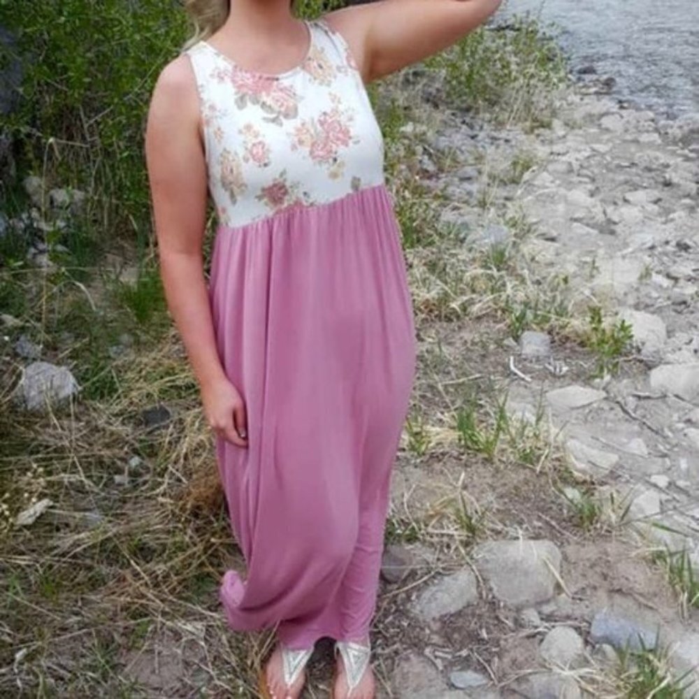 P.S. Kate NWT Large Mauve Pink Floral Maxi Dress Tank Top Sleeveless